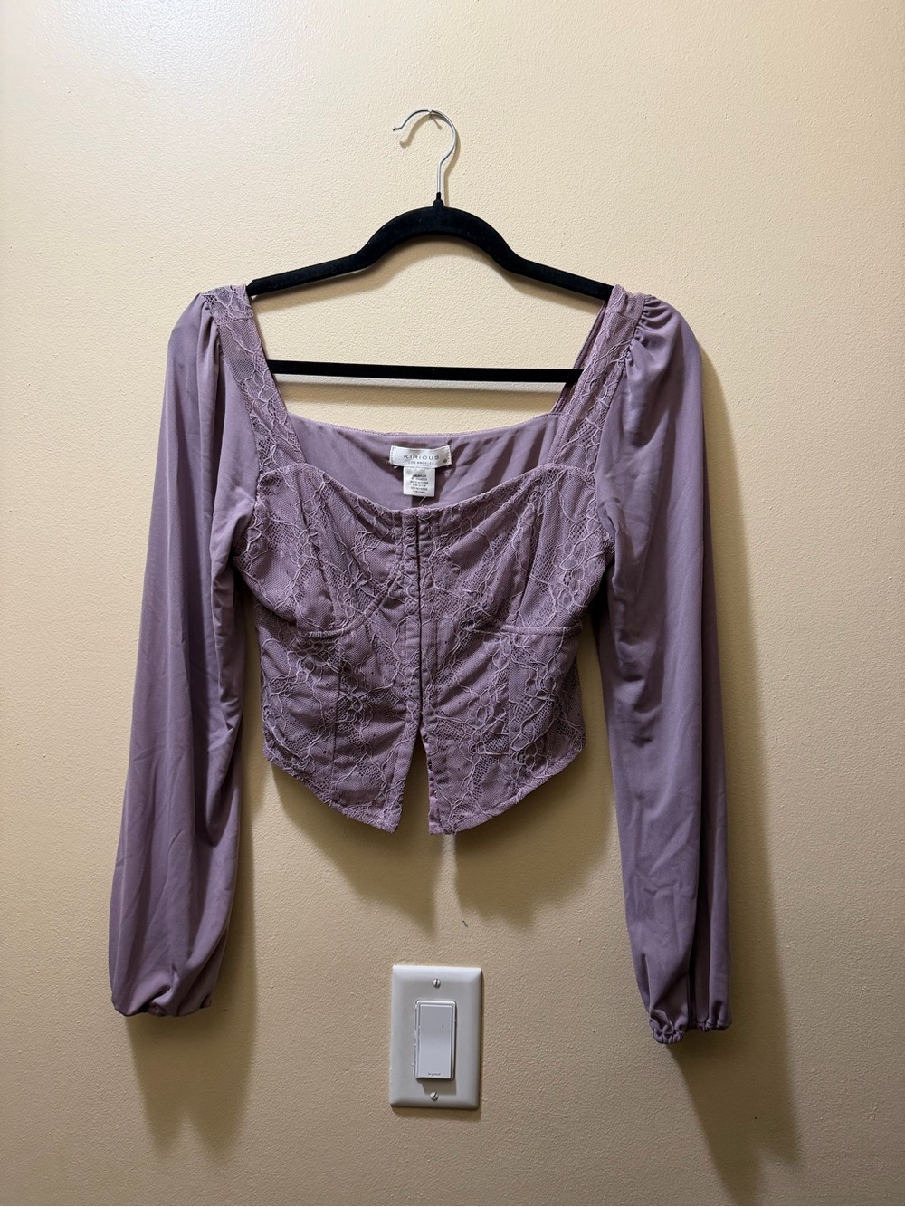 Lavender Lace Corset-Style Square Neck Long Sleeve Top